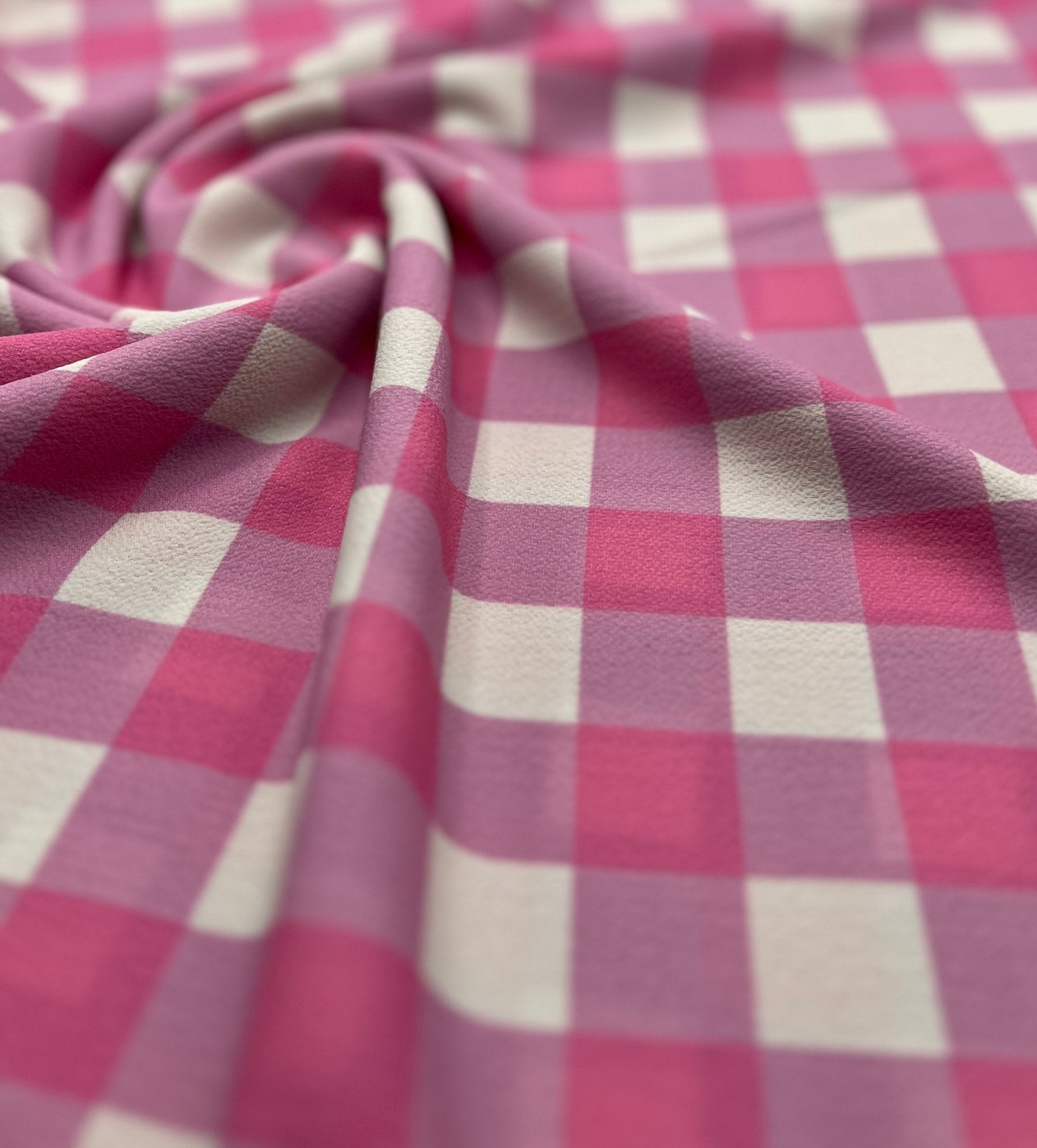 Pink White Lilac Check Print Lightweight Bubble Crepe Fabric - T9 Fabrics